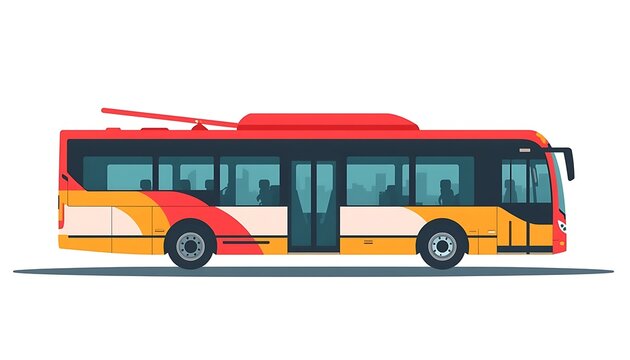 Vibrant red and yellow electric trolleybus, a modern public transport vehicle, shown in side profile.