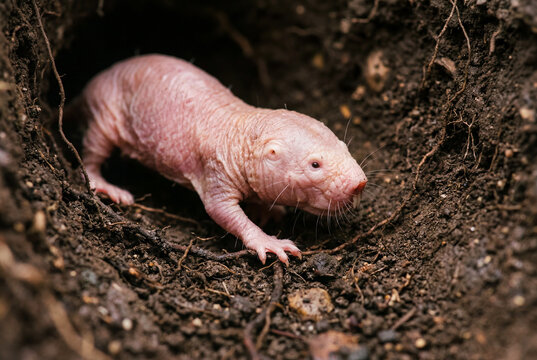 Naked mole rat crawling out of a hole in dark soil