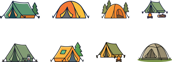 Camping tent icon set, 8 colorful outdoor shelter vector illustrations, green and orange tourist camp equipment for hiking and forest adventure © Rifat