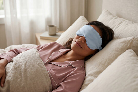 Woman sleeping in comfortable bed wearing blue eye mask