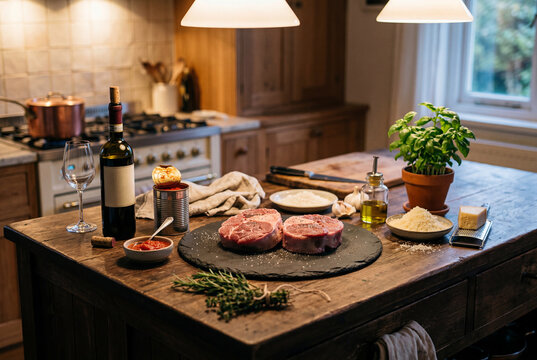 Raw veal osso buco shanks and ingredients on rustic wooden kitchen island