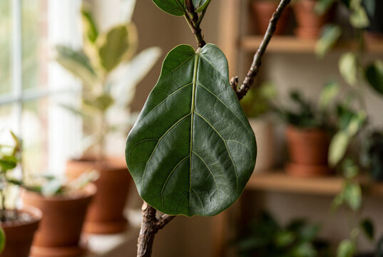 Close up of large green fiddle leaf fig plant growing indoors near window