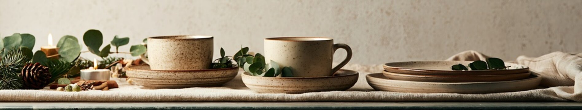 Winter Holiday Rustic speckled ceramic mugs, saucers and stacked plates with eucalyptus, pinecone and candles on linen table