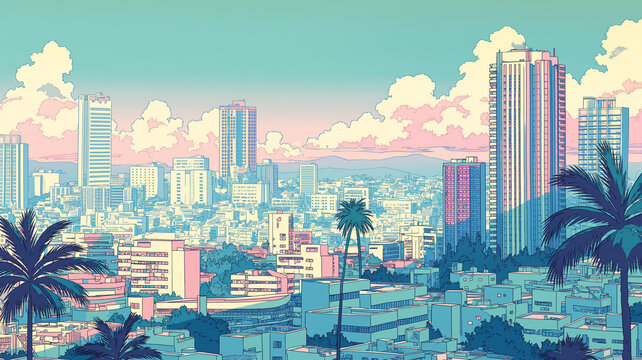 未来的な都市の穏やかな景観を描いた日本アニメ風背景イラスト、人のいない街路、広い道路、高層ビル群、オフィス街、住宅地、橋、川沿い、雲の空、夕暮れ、都会、近未来、遠景、建築、都市開発、シティスケープ、ランドスケープ、背景素材、ゲーム背景、漫画背景、動画素材、広告、バナー、資料作成、表紙、ウェブ素材、ポスター、ヘッダー、サムネイル、駅前、通勤、日常、街歩き、案内、余白、構図、清潔感、季節感、広報、素材