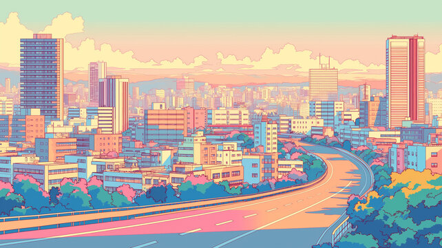 未来的な都市の穏やかな景観を描いた日本アニメ風背景イラスト、人のいない街路、広い道路、高層ビル群、オフィス街、住宅地、橋、川沿い、雲の空、夕暮れ、都会、近未来、遠景、建築、都市開発、シティスケープ、ランドスケープ、背景素材、ゲーム背景、漫画背景、動画素材、広告、バナー、資料作成、表紙、ウェブ素材、ポスター、ヘッダー、サムネイル、駅前、通勤、日常、街歩き、案内、余白、構図、清潔感、季節感、広報、素材