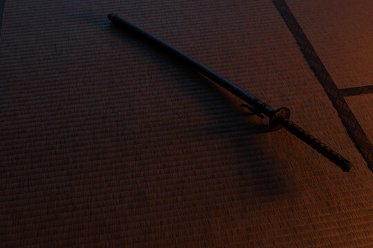 3D Rendering of a katana sword with sheath laying on tatami floor