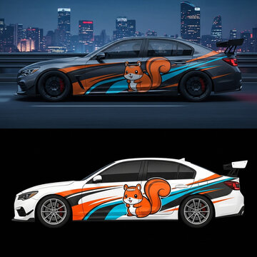 Custom Car Wrap Design Featuring Cute Cartoon Squirrel Vector Illustration.