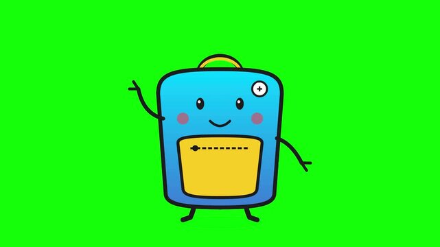 Cute cartoon backpack character on a vibrant green background