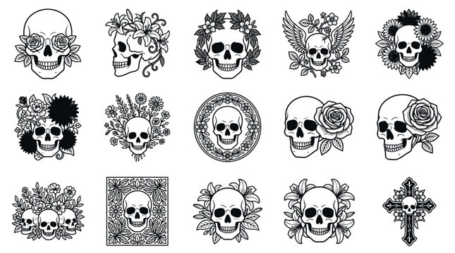 Skulls and Flowers Vector Illustrations - Gothic Art Collection