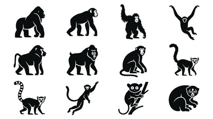Diverse collection of primate silhouettes showcasing various monkey and ape species in different poses. © sari