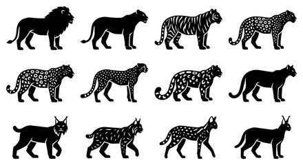 Big cats and wild felines silhouettes set on white background. © sari