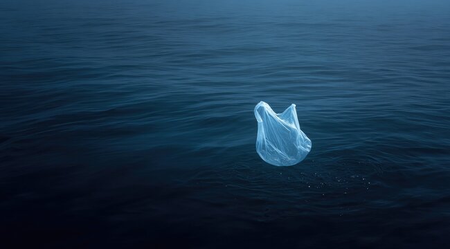 A single, translucent plastic bag floats on a dark, wavy ocean surface, suggesting pollution and environmental issues