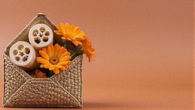 Woven basket holds orange flowers and loofahs against warm terracotta background.