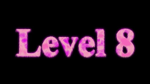8 Level  bright text font, colorful motion animation. Ideal for futuristic game intros animation. Neon level 8 up sing on a black background.4k video