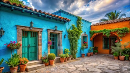 Obraz premium A vibrant turquoise adobe hacienda amidst a colorful traditional mexican village