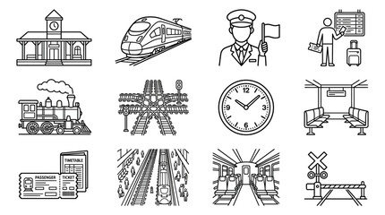 Fototapeta premium Train Station Icons Set: Transport, Travel, and Commute Symbols