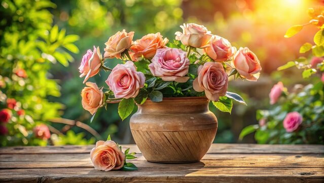 A delicate bouquet of roses in a dusty ceramic pot sat atop a worn wooden table in the garden