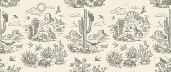 Fototapeta premium Desert Landscape Sketch Seamless Pattern with Wildlife
