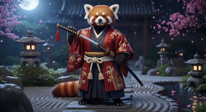 Red panda samurai japanese garden