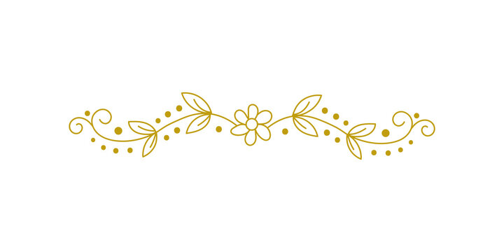Elegant golden floral divider with leaves and swirls isolated on transparent background
