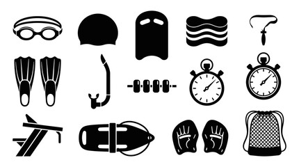 Set of swimming and water sports equipment icons in black silhouette. © arif