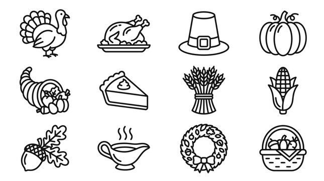 Thanksgiving Icons Collection: Turkey, Pumpkin Pie, Cornucopia, Wreath