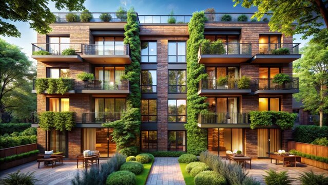 A brownstone residential building rises amidst lush greenery sleek modernity and tranquil balconies