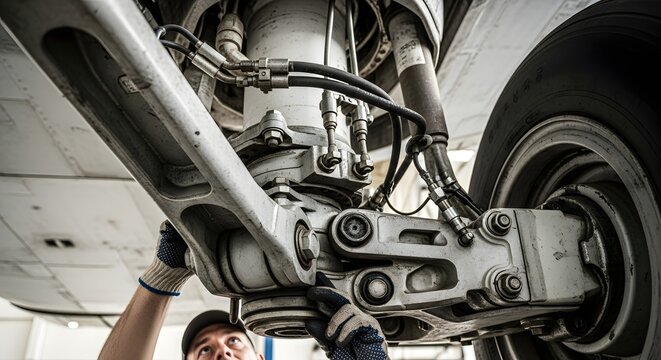 Aircraft Landing Gear Close Inspection by Aviation Technician During Routine Maintenance Procedure