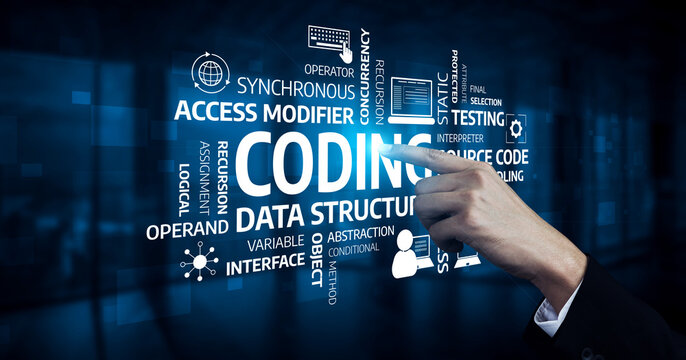 A digital hand pointing at a visual representation of coding concepts featuring keywords related to programming, data structures, and software development, highlighting technology concepts. Tessel