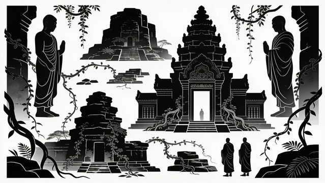 Set of black and white silhouettes featuring ancient temple architecture and monks in prayer poses isolated on a plain background for creative design project needs