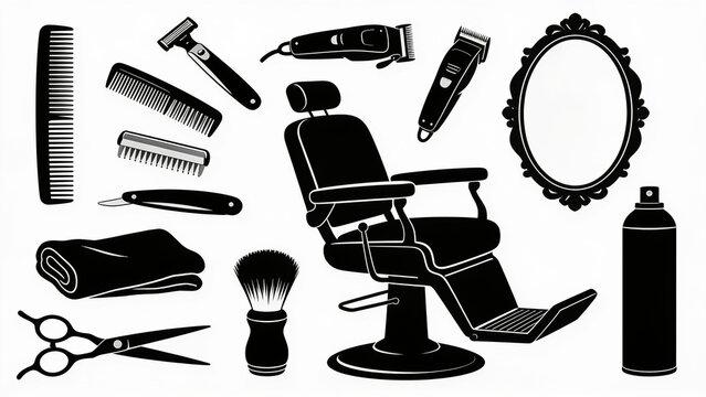 Professional barber shop equipment collection featuring a vintage chair mirror clippers comb scissors razor brush and spray bottle isolated on a clean white background design element