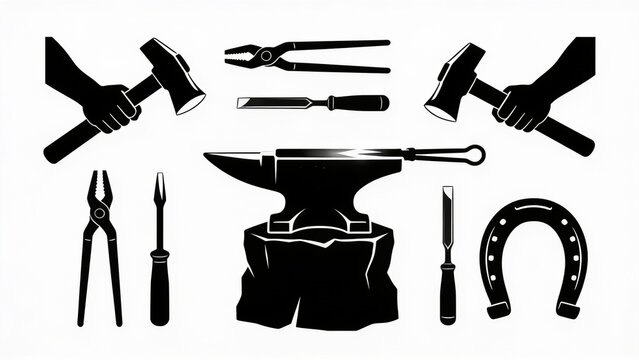 Black silhouette icons of blacksmith tools including hammers pliers a sharp chisel a sturdy iron anvil and a metal horseshoe arranged on a clean white background