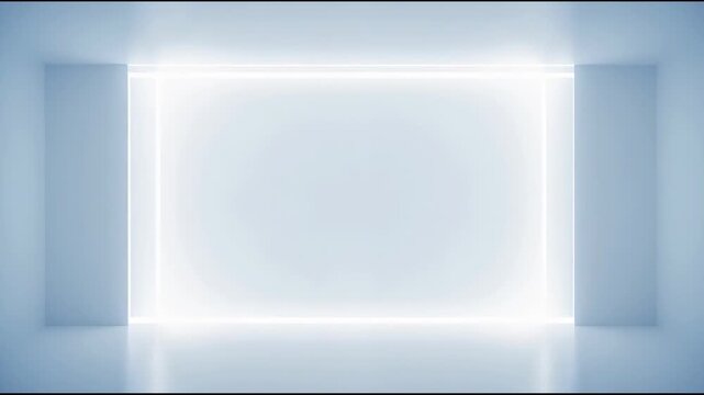 Minimalist illuminated gallery wall neon frame meets glowing rectangular portal and blue lit