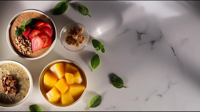 Bright breakfast mango strawberry granola mint bowl with smoothie and fresh fruit layers