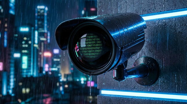 Security camera in rainy city with digital data overlay