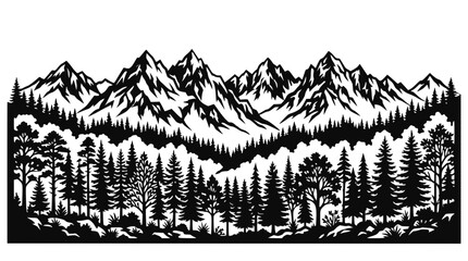 Fototapeta premium Black and White Mountain Landscape with Forest and River Silhouette Illustration