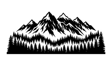 Fototapeta premium Black and White Mountain Landscape with Forest Silhouette Graphic Illustration
