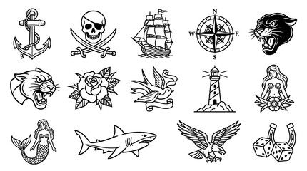 Obraz premium Traditional Tattoo Flash Set: Anchor, Skull, Ship, Compass, Panther