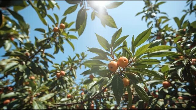 Loquat fruit on leafy branch under sunlit blue sky with warm summer orchard atmosphere