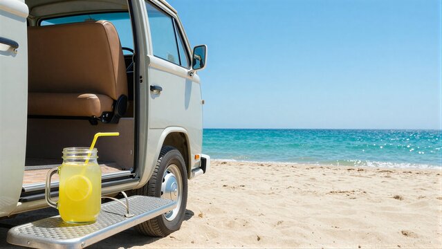 Beachside van with lemonade, sunny day, ocean waves crashing shore.