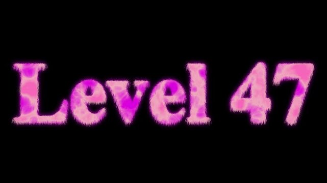 LEVEL 47 text animation on black background. typography ideal for gaming progress, level 47 text bounce animation with glow effect