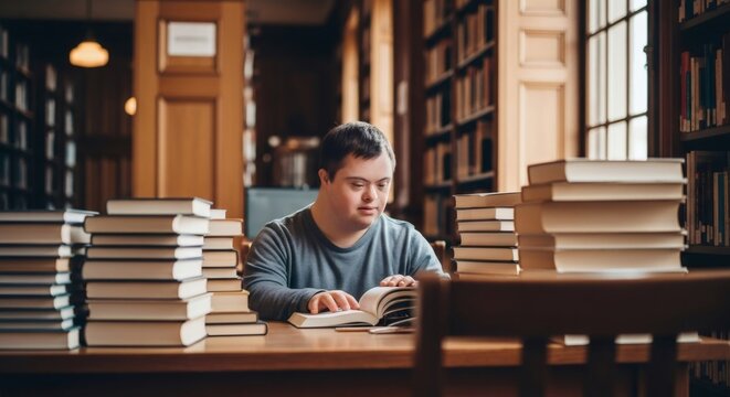 Student with Down syndrome reading a book in a library. Education and academic study concept. Inclusion in learning for students with disabilities on World Down Syndrome Day event.