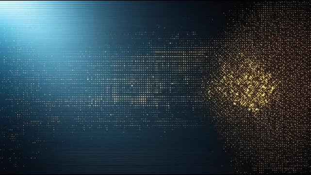 Abstract digital background teal gold dots with glowing pixel grid horizontal lines creating