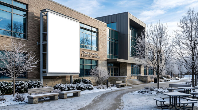 Blank billboard mockup on modern university campus building in winter