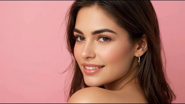 Young woman portrait close up smile skin beauty radiant hoop earring glowing soft pink background