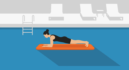 Obraz premium Woman practicing yoga plank pose on a mat by the swimming pool side