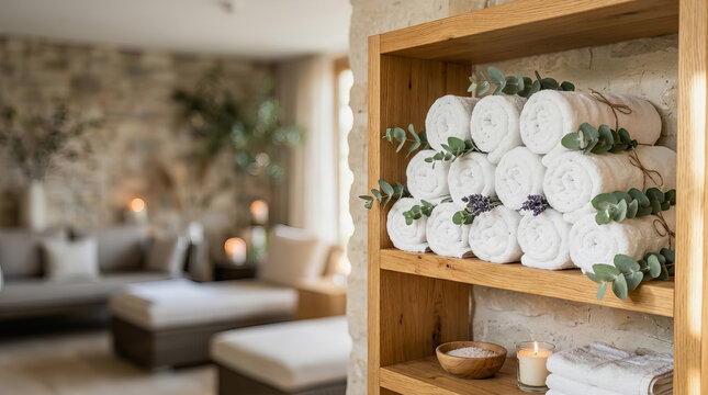Neatly rolled white towels with greenery displayed on wooden shelves in a spa or wellness center interior.