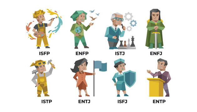 MBTI personality types vector avatar set with character icons representing different psychological profiles like ISFP ENFP ISTJ and ENFJ