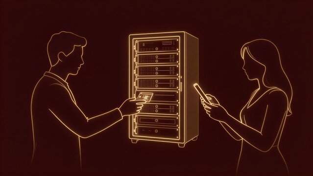 Two figures interact with server rack, one handing device, another holding phone.