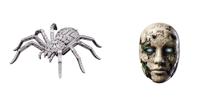 Ornate crystal spider and cracked mask with glowing eyes, isolated on transparent background